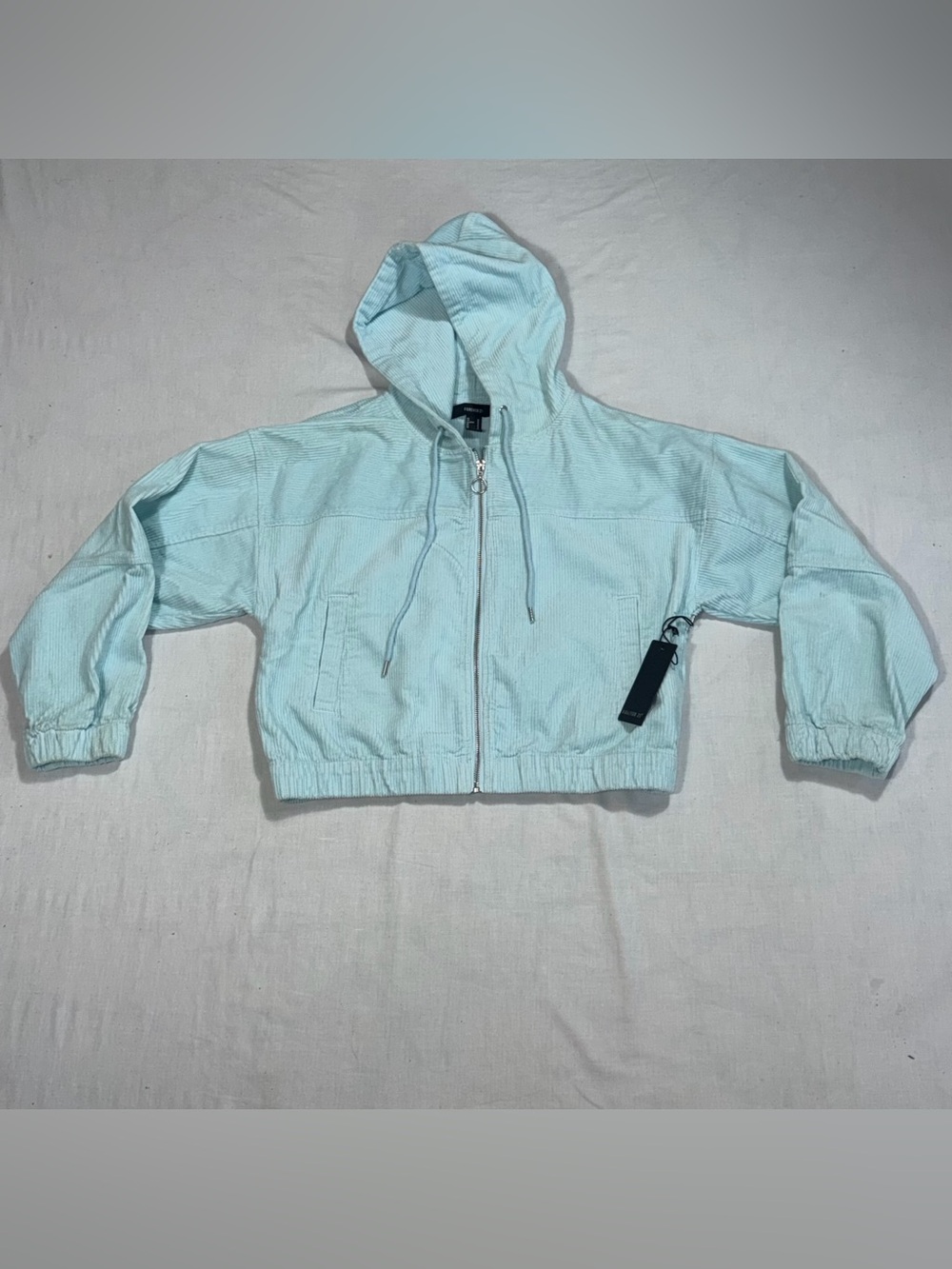 Forever 21 NWT Sky Blue Corduroy Hooded Jacket Women's M Cropped Zip Up